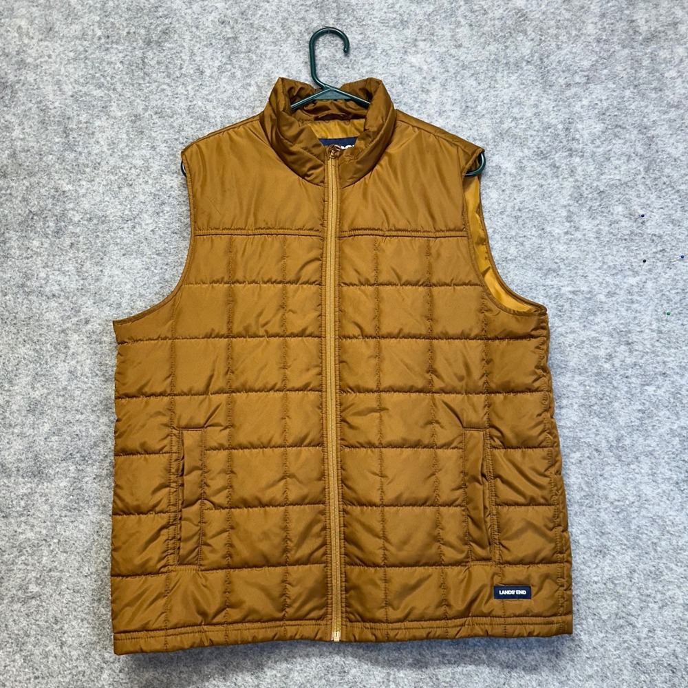 Lands End Puffer Vest Mens Large Brown Quilted Insulated Full Zip Mock Neck